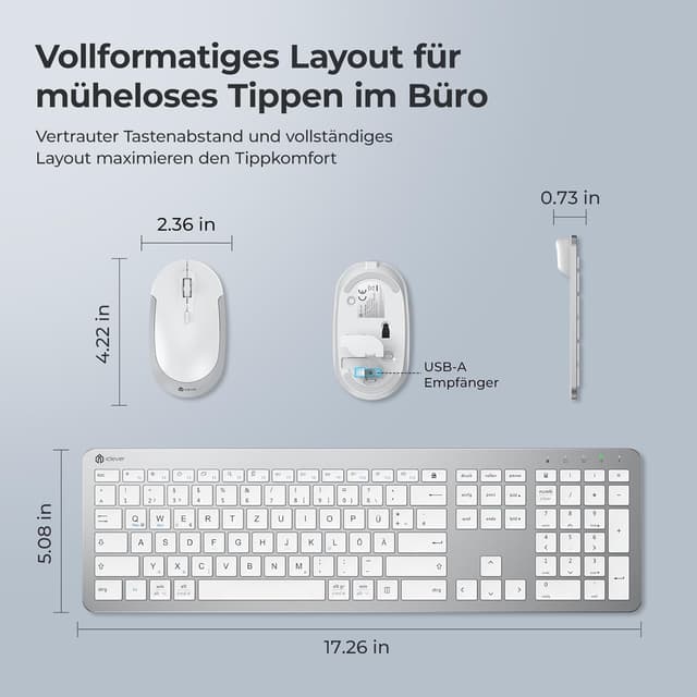 Thumbnail 6 de iClever Tastatur-Maus-Set kabellos (wiederaufladbar) mit 2,4-GHz-Funk für PC/Laptop, Deutsch QWERTZ – Weiß
