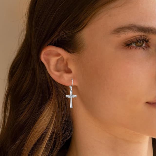 Detalle de J.WUEN boucles d’oreilles pendantes pour femme en argent 925 avec motif croix