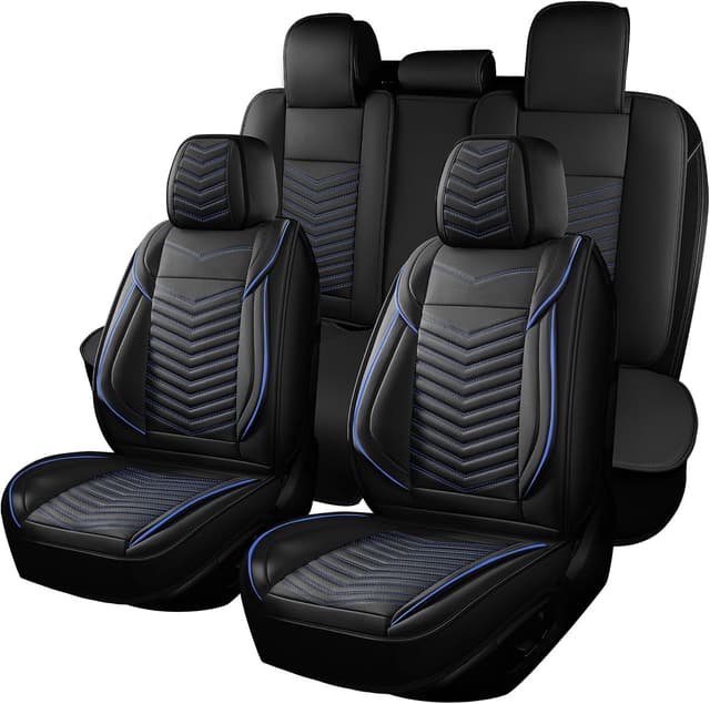 Detalle de HChengkikz Universal Car Seat Covers (5-Piece Set) — Breathable, Waterproof Faux Leather, Airbag-Compatible, Black + Blue