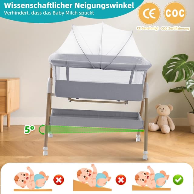 Thumbnail 3 de cozydwells 3‑in‑1 Beistellbettchen (Tragbares Reisebett) grau – höhen- und neigungsverstellbar mit 4 abschließbaren Rollen