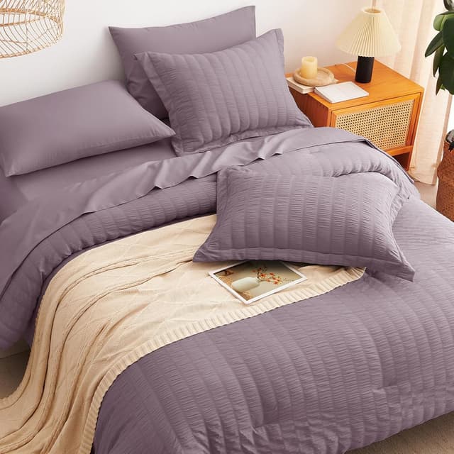 Detalle 2 de CozyLux Oversized King Comforter Set in Dusty Purple Seersucker (7-Piece Bed-in-a-Bag)