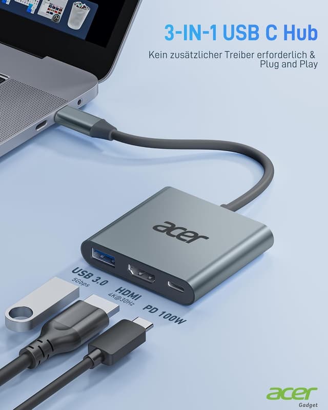 Detalle 2 de Acer USB-C auf HDMI-Adapter (4K@30 Hz) inkl. USB-A 3.0 & PD bis 100 W – kompakte 3-in-1-Lösung