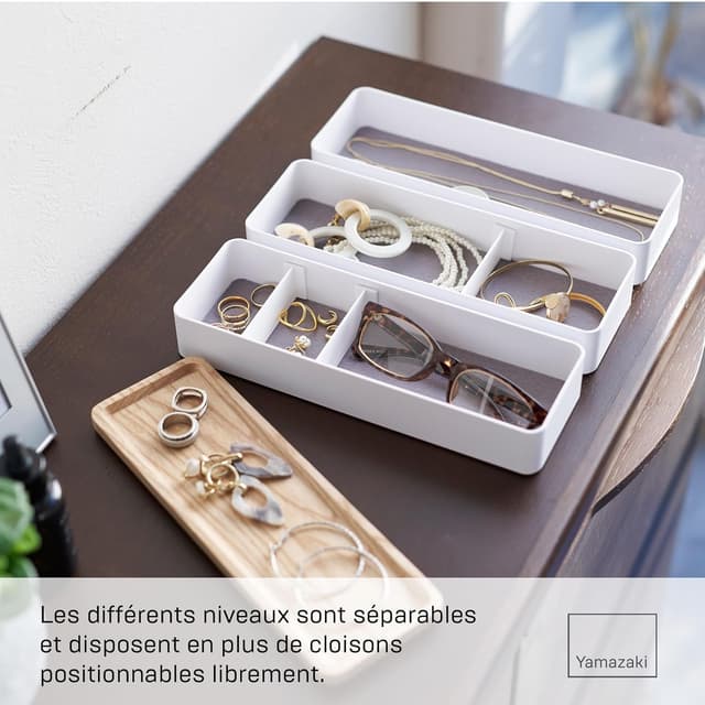 Detalle de YAMAZAKI 5811 RIN – Mallette d’accessoires à 3 compartiments avec couvercle en bois (blanc)