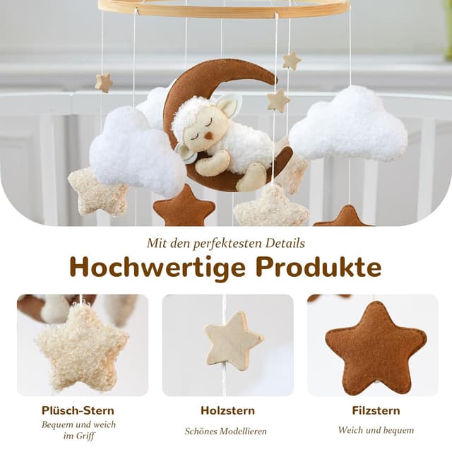 Detalle de Ueiwffzo Mobile Baby „schlafendes Alpaka Mond“ mit Filz-Anhänger fürs Babybett