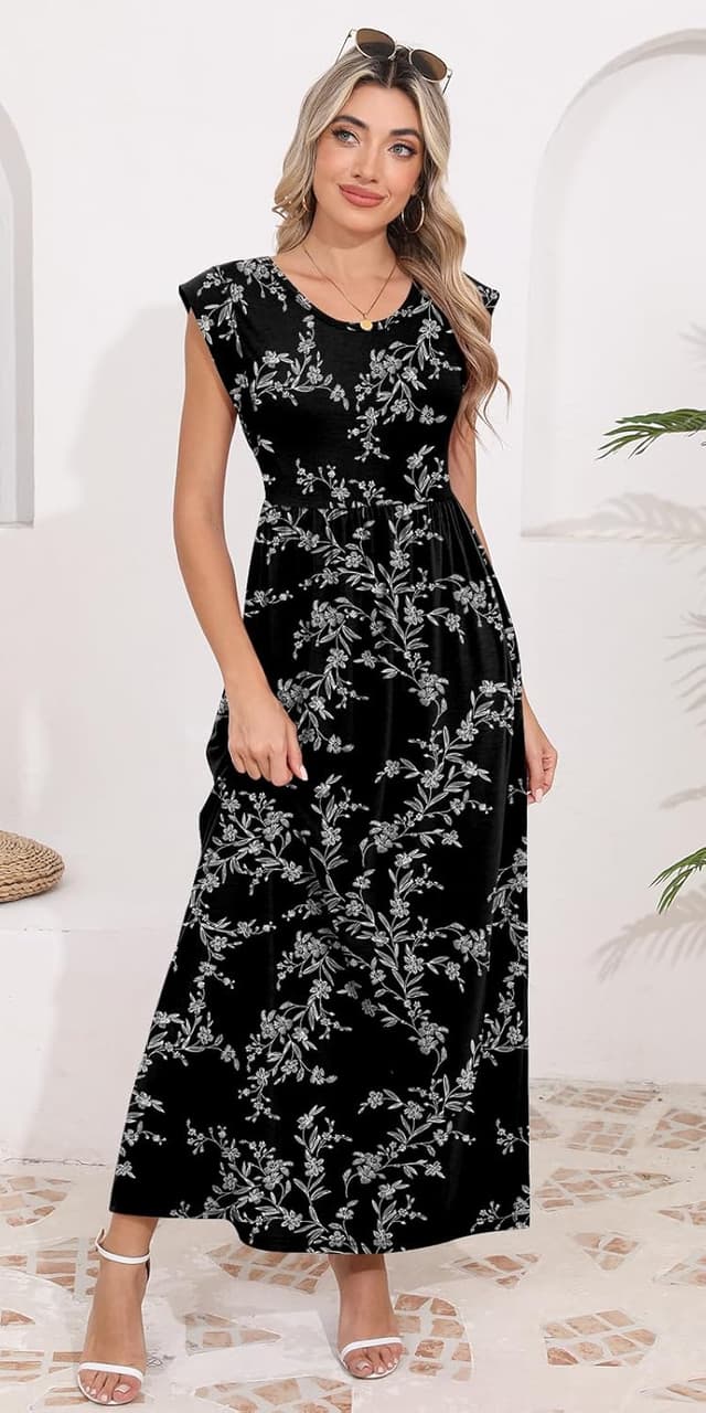 Detalle de DB MOON Women’s 2026 Empire Waist Maxi Dress with Pockets (Cap Sleeve Sundress)