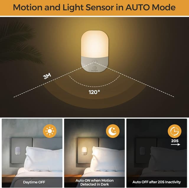Detalle 2 de Suright Nachtlicht mit Bewegungsmelder, 2er-Set, aufladbar per USB-C, 2800K warmweiß (AUTO/AUS/EIN, 5 Helligkeitsstufen)