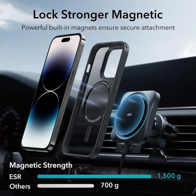 Detalle de ESR Classic Hybrid MagSafe Hülle für iPhone 14 Pro Max – mattschwarz, mit militärischem Sturzschutz