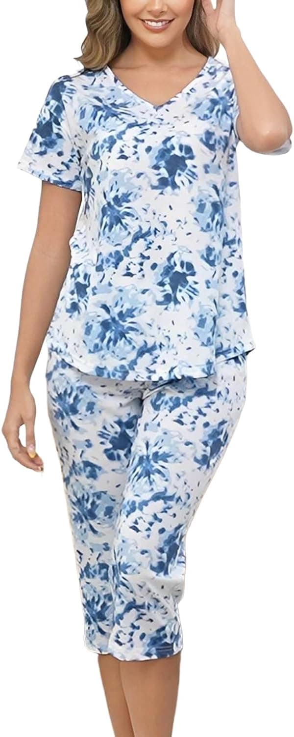 Detalle de Inadays Women’s Cotton Pajama Sets (Short Sleeve Top + Capri Pants) – 2-Piece Summer Lounge Set