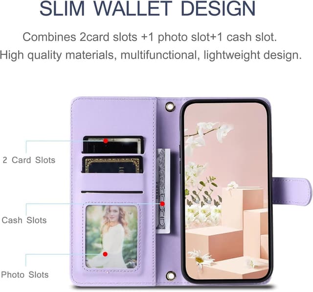 Detalle de ESONG Handykette Schutzhülle für Samsung Galaxy S24 FE – Leder-Brieftasche mit Kartenfach, Ständer und Magnetverschluss (lila)