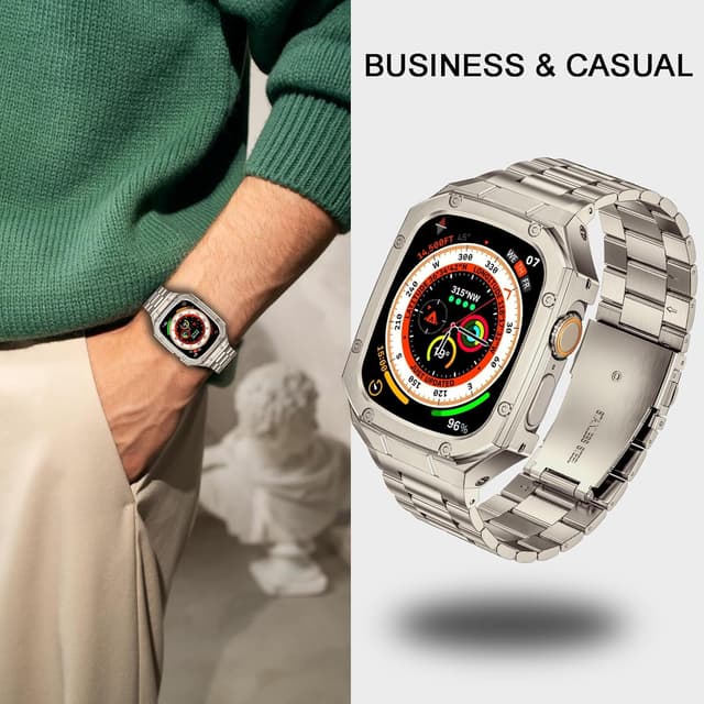 Detalle 1 de BAITEYOU Stainless Steel Watch Band with Protective Case for Apple Watch Ultra 3/2/1 (49mm) in Titanium Color