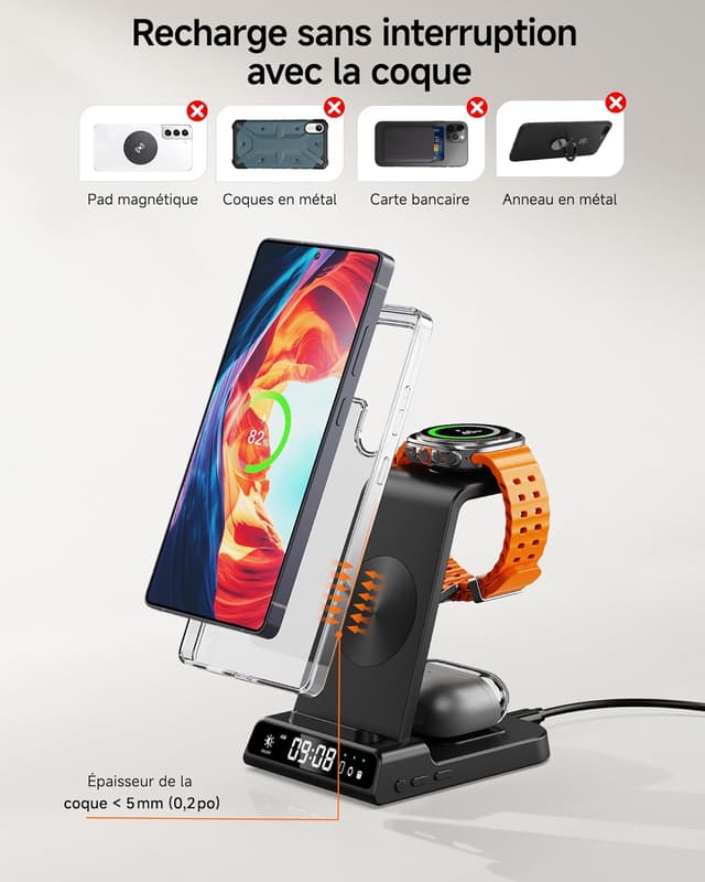 Detalle de Station de charge sans fil 3-en-1 pour Samsung (S25/S24/S23, Z Fold/Z Flip), chargeur induction Galaxy Watch et Galaxy Buds — avec horloge numérique