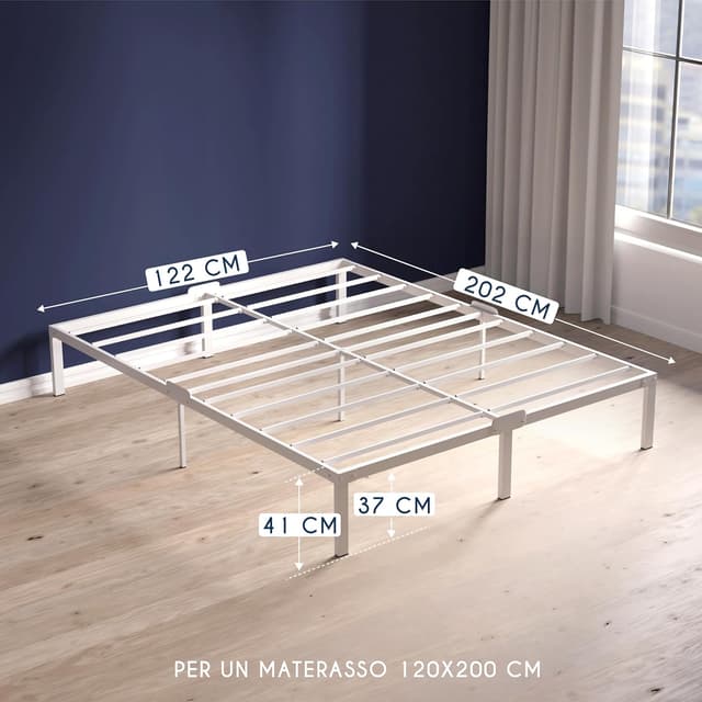 Detalle 2 de Dreamzie Struttura Letto Matrimoniale 120x200 in metallo bianco con rete e gambe alte 41 cm