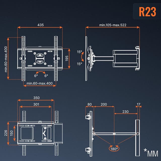 Detalle de Support TV mural RICOO S5144 pour écrans 30 à 55" (VESA) orientable et inclinable