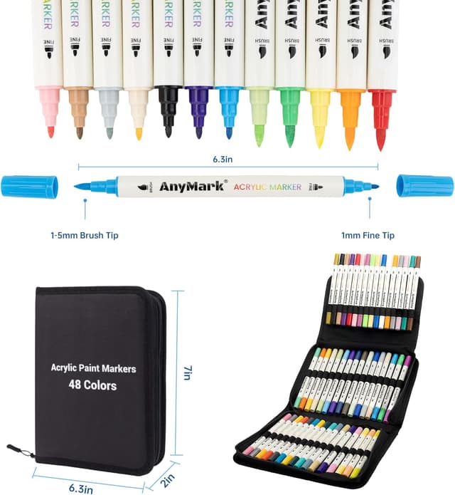 Detalle de AnyMark 48 Farben Acrylstifte-Set mit Wasserfestem Dual-Tip (Pinsel- und Feinespitzenspitze)