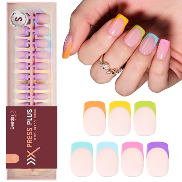 Detalle de Beetles Summer Press On Nails (224 pcs, 7 colors) Short Square French Tip False Nails