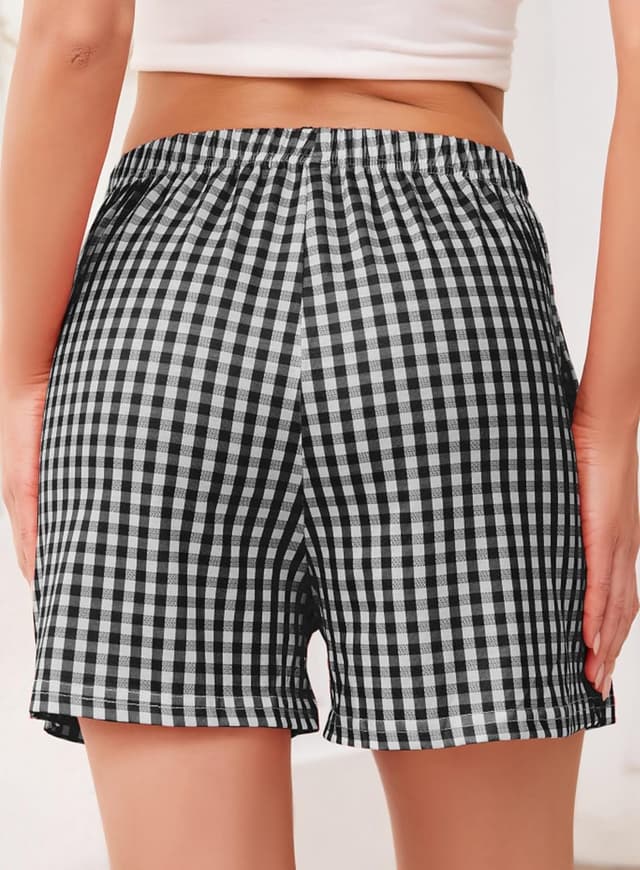 Detalle de Lovasy women’s elastic waisted plaid boxer shorts for pyjamas and lounge wear
