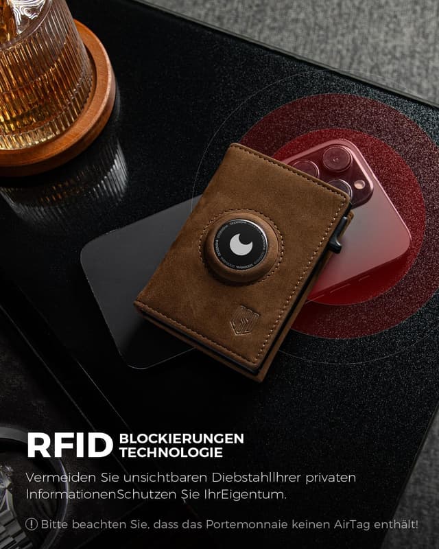Detalle de DODENSHA AirTag Wallet mit RFID- Schutz – Slim Geldbörse Herren im Vintage Braun