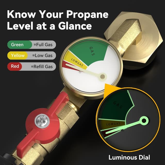 Detalle de Rushare Upgraded Propane Refill Adapter for 1 lb Tanks (90-Degree Elbow) with Valve and Gauge
