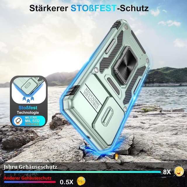 Detalle 2 de Jshru Handyhülle für Samsung Galaxy S22 (6,1 Zoll) – stoßfeste Schutzhülle mit 360° Metall-Ring-Ständer, Kameraschutz und 2 Schutzfolien