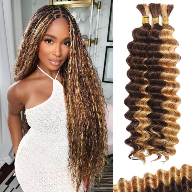 Detalle de Afihond Deep Wave Human Braiding Hair (Boho Braids) – Brazilian Virgin Remy, 3 Bundles/110g, 18inch, 4P27 Ombre/ Balayage