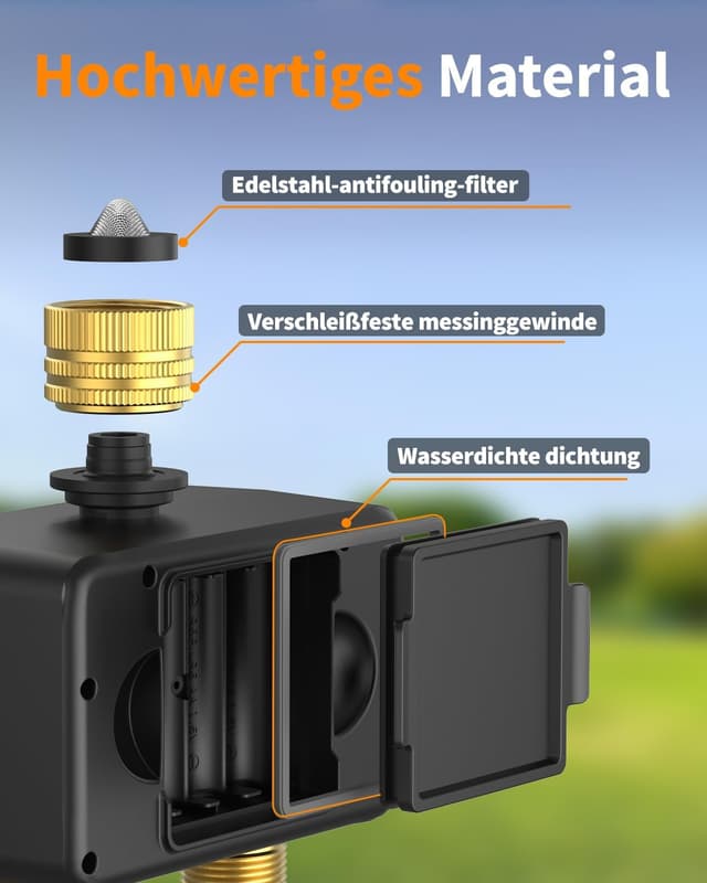 Detalle 2 de Diivoo WLAN-Bewässerungscomputer mit 2 Ausgängen, Messinganschlüssen und 12 Zeitplänen (APP/Alexa/Google, Regenverzögerung)