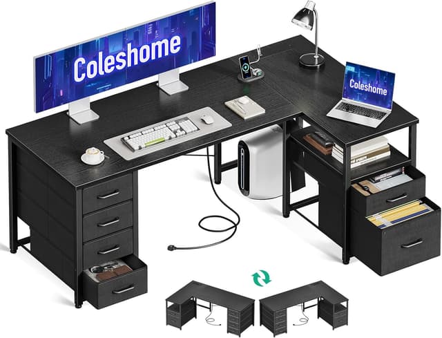 Detalle de Coleshome Computer Corner Desk with Drawers (140×70 cm) with Built-in Power Outlet, L-shaped, Black