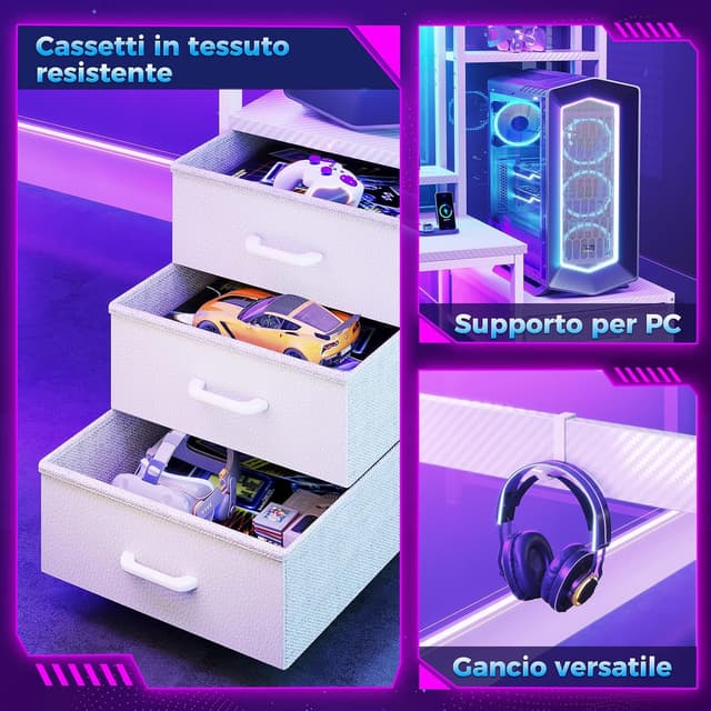 Detalle de Coleshome Scrivania Gaming con libreria e cassetti, LED e presa integrata, 137×48 cm (fibra di carbonio bianco)
