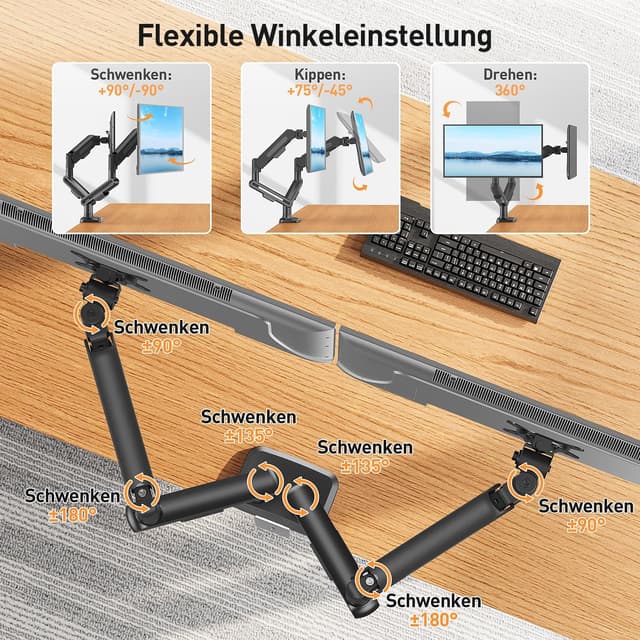 Detalle de ELIVED EV3236B-G Monitor-Halterung für 2 Monitore (17–34 Zoll) mit VESA 75/100 mm, höhenverstellbar, drehbar, grau