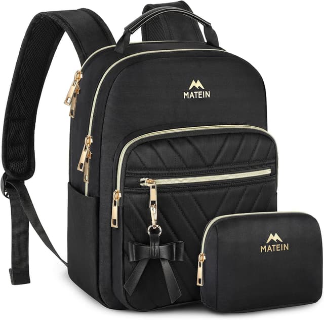 Detalle de MATEIN Damen-Rucksack Klein 2-in-1 Set mit Geldbeutel, wasserdicht, mit USB-Ladeanschluss (bis 13,3 Zoll) – Schwarz