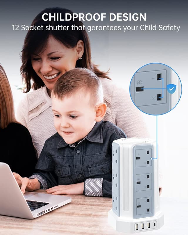 Thumbnail 6 de Aodeng Tower Extension Lead with USB Slots, 5m 12-way outlets and 4 USB ports (1 Type C + 3 USB-A)