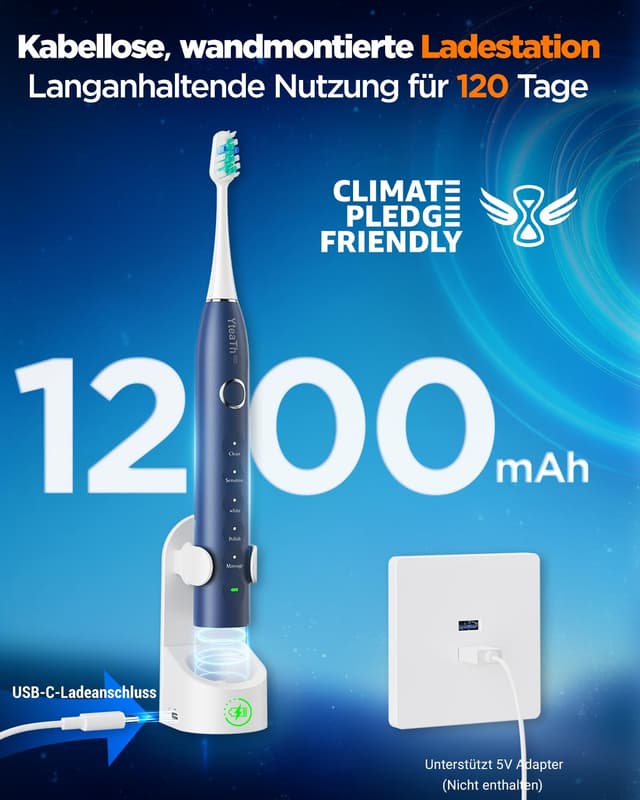 Detalle 2 de Elektrische Schallzahnbürste für Erwachsene & Kinder mit 8 Bürstenköpfen, Timer und 5 Putzmodi