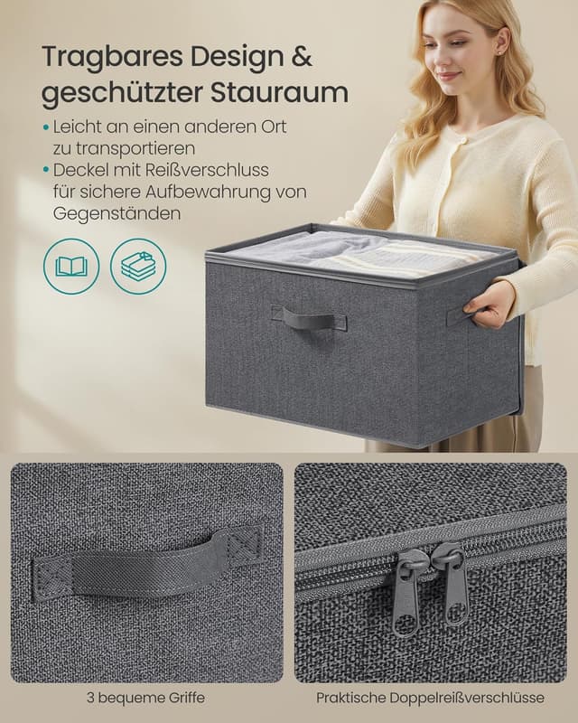 Detalle 2 de SONGMICS Aufbewahrungsbox mit Deckel (faltbare Stoffbox) – 3er Set, schiefergrau, 50 x 30 x 30 cm