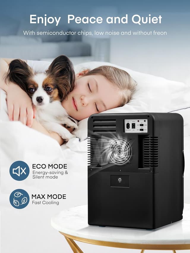 Detalle de FOHERE 2-in-1 Mini-Kühlschrank (15 l) mit Kühl- und Heizfunktion – DC/AC für Auto, Büro & Wohnheim, ECO-Low-Noise – Schwarz