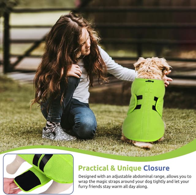 Detalle de PUZAUKAL Adjustable Dog Fleece Jumper Vest (Green S) – warm, step-in fleece coat with adjustable neck and belly