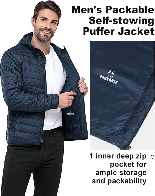 Detalle 2 de Outdoor Ventures Herren Steppjacke wasserdichte Pufferjacke mit Kapuze, packbar und leicht