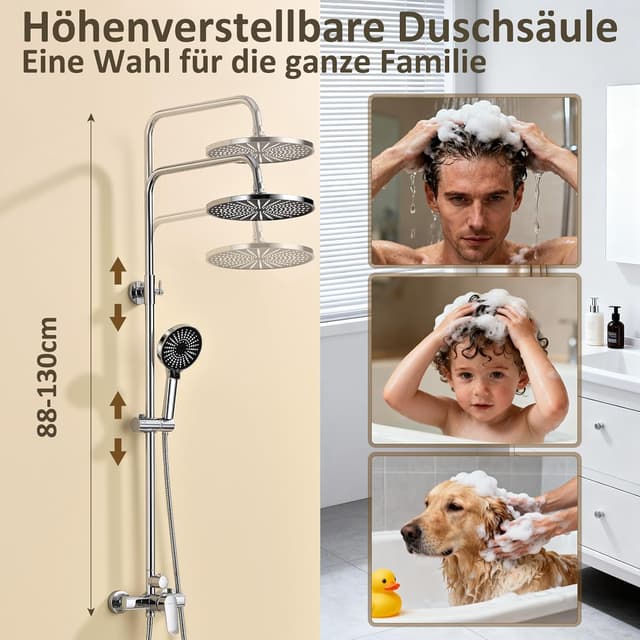 Detalle de KeeGone Duschsystem mit höhenverstellbarer Armatur, 26 cm Regendusche & 3-funktion Handbrause (ohne Thermostat)