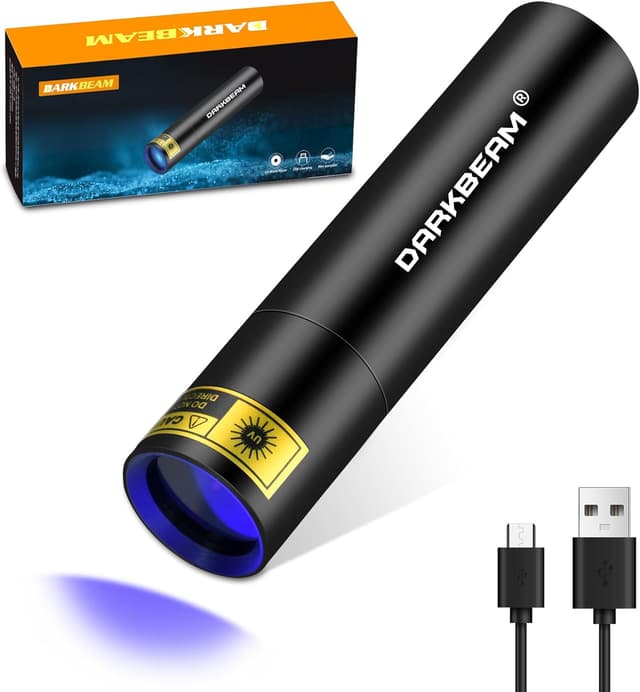 Detalle de DARKBEAM UV Torch 365nm Mini Black Light (Rechargeable USB) — portable UV flashlight for stains, pet urine & fluorescent detection