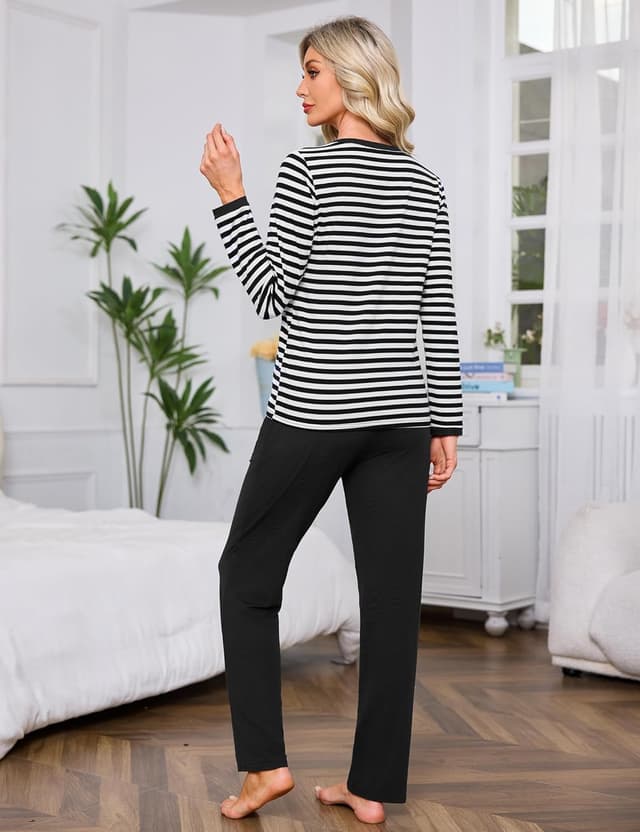 Detalle de Terecey Pyjama femme long 2 pièces en coton à rayures (col V et poche)