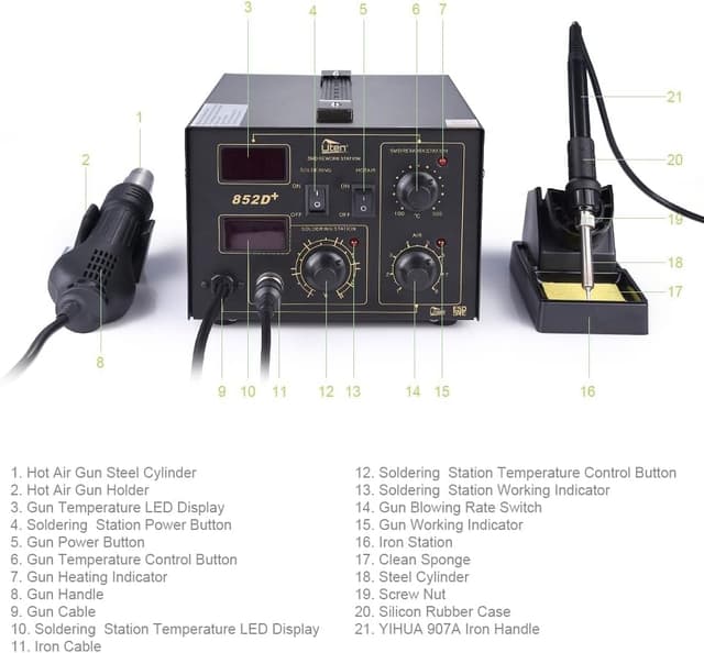 Detalle de Station de soudage à air chaud 2 en 1 SMD 852D+ avec accessoires professionnels