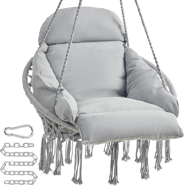 Detalle de SONGMICS Fauteuil suspendu GDC042G11V3 avec coussin épais et franges, capacité 120 kg, gris tourterelle