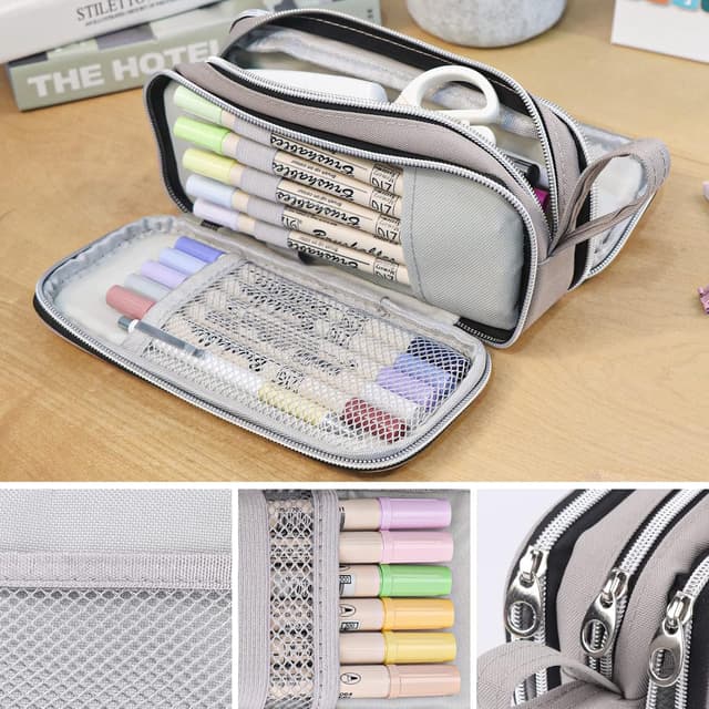 Detalle de COLOCASTLE Federmäppchen großes Mäppchen mit 3 Fächern (Grau) – Platz für Stifte & Zubehör bis zum Schulalltag