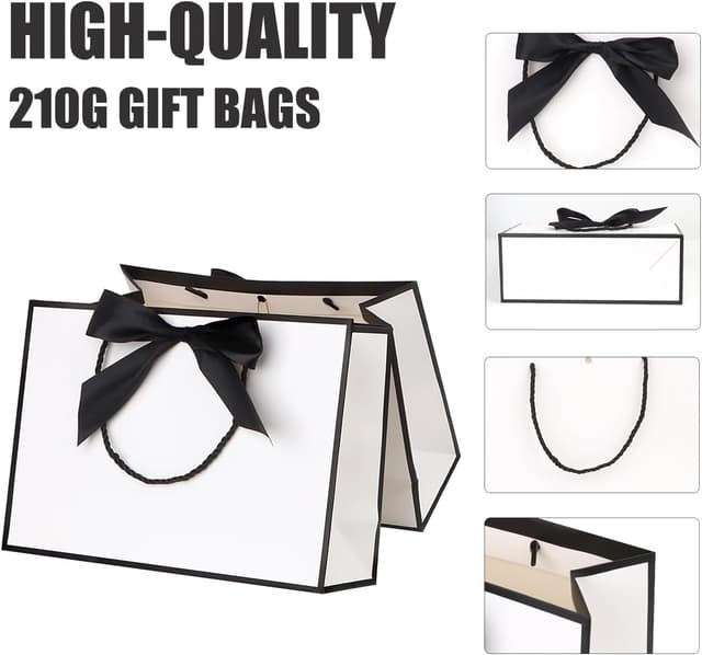 Detalle de Dimetey 8-Pack Medium Gift Bags with Handles, Bow Ribbon, Tissue & Card (White & Black) 20 x 28 x 10cm