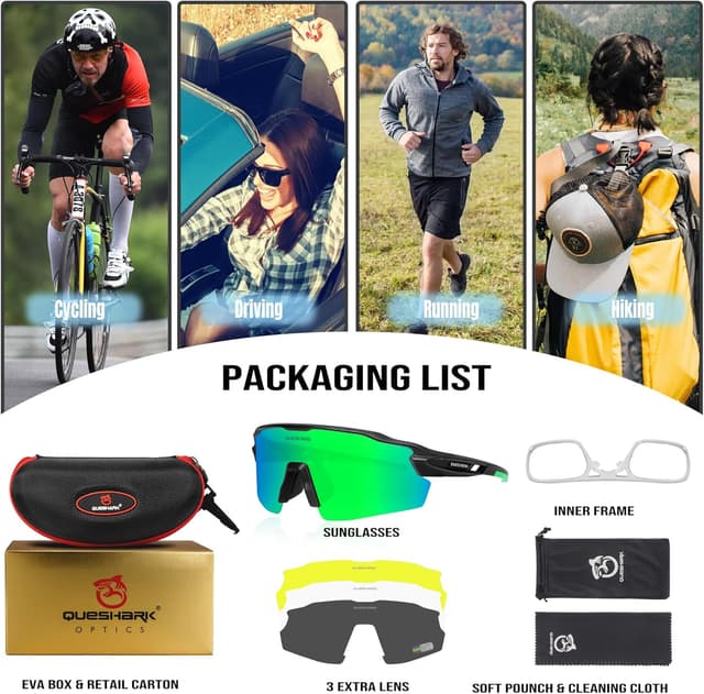 Detalle 2 de Queshark occhiali ciclismo uomo e donna con lenti intercambiabili TR90 e UV400