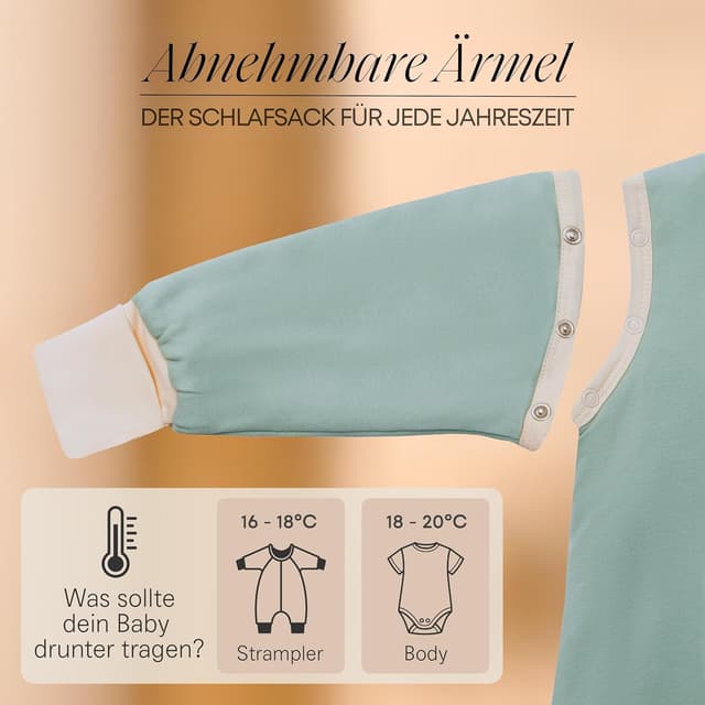 Detalle 2 de Mababu Ganzjahres Baby-Schlafsack mit Füßen, abnehmbaren Ärmeln & 2.5 TOG (100% GOTS Bio-Baumwolle)