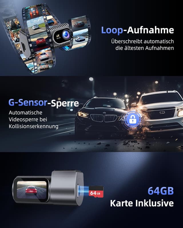 Thumbnail 6 de CIEVIE Dashcam Vorne 4K mit 64 GB Karte 360°