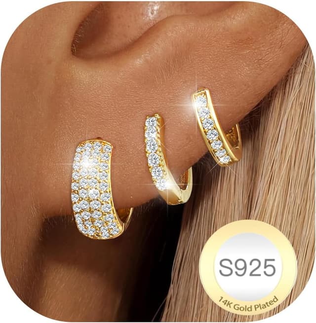 Detalle de Halora 3 Paar Creolen-Set aus Silber 925 (hypoallergen, nickelfrei) mit 14K Gold-Optik & Zirkonia