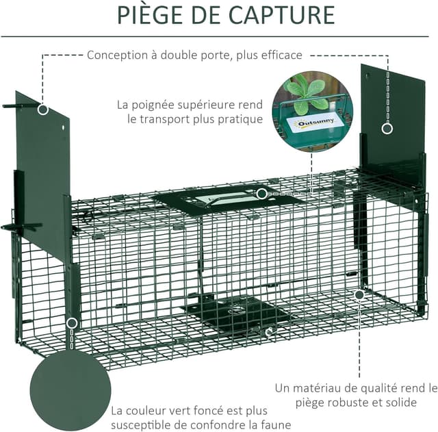 Detalle de PawHut piège vivant à double entrée 60 x 18 x 20 cm pour martres, rats et souris