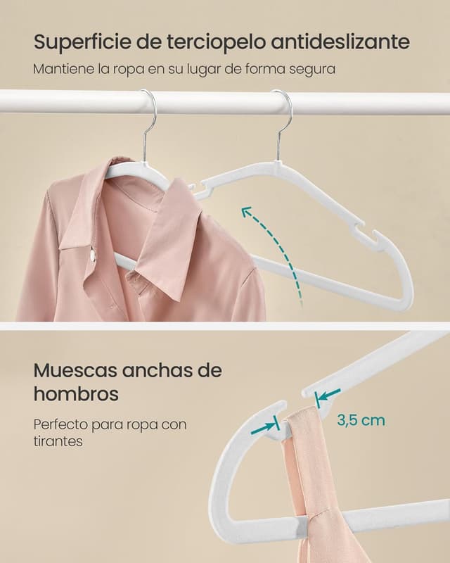 Detalle de SONGMICS Perchas de Terciopelo 50 u. 🧥 Ahorra Espacio Blanco