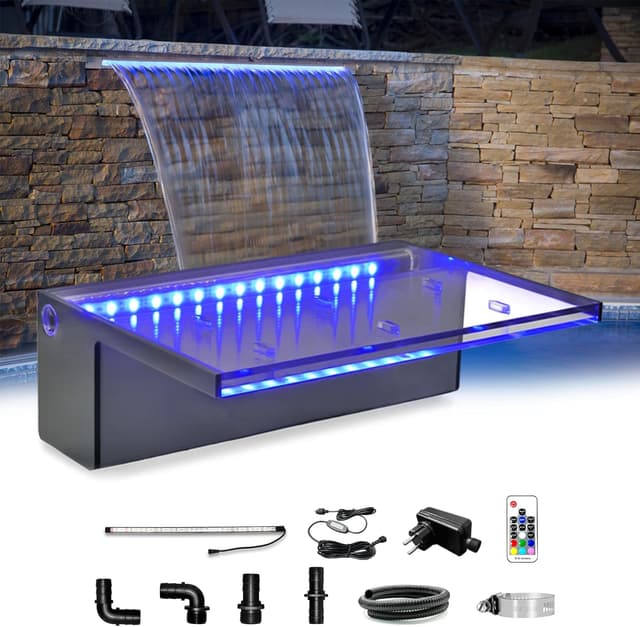 Detalle de LONGRUN Pool Wasserfall Bachlaufsets für den Garten – Acryl-Wasserfontäne mit Farbwechsel-LED (für 30 cm)