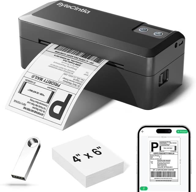Detalle de ByteCintia Bluetooth & USB 4x6 Thermal Shipping Label Printer (203 dpi) for small business
